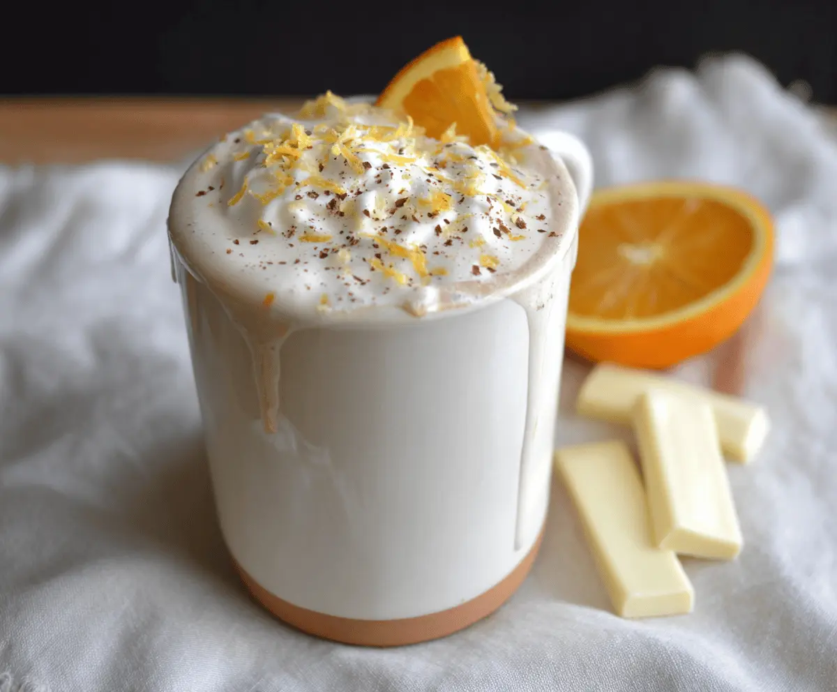 Creamy white chocolate orange hot cocoa topped with whipped cream and orange zest, perfect for cozy winter evenings.