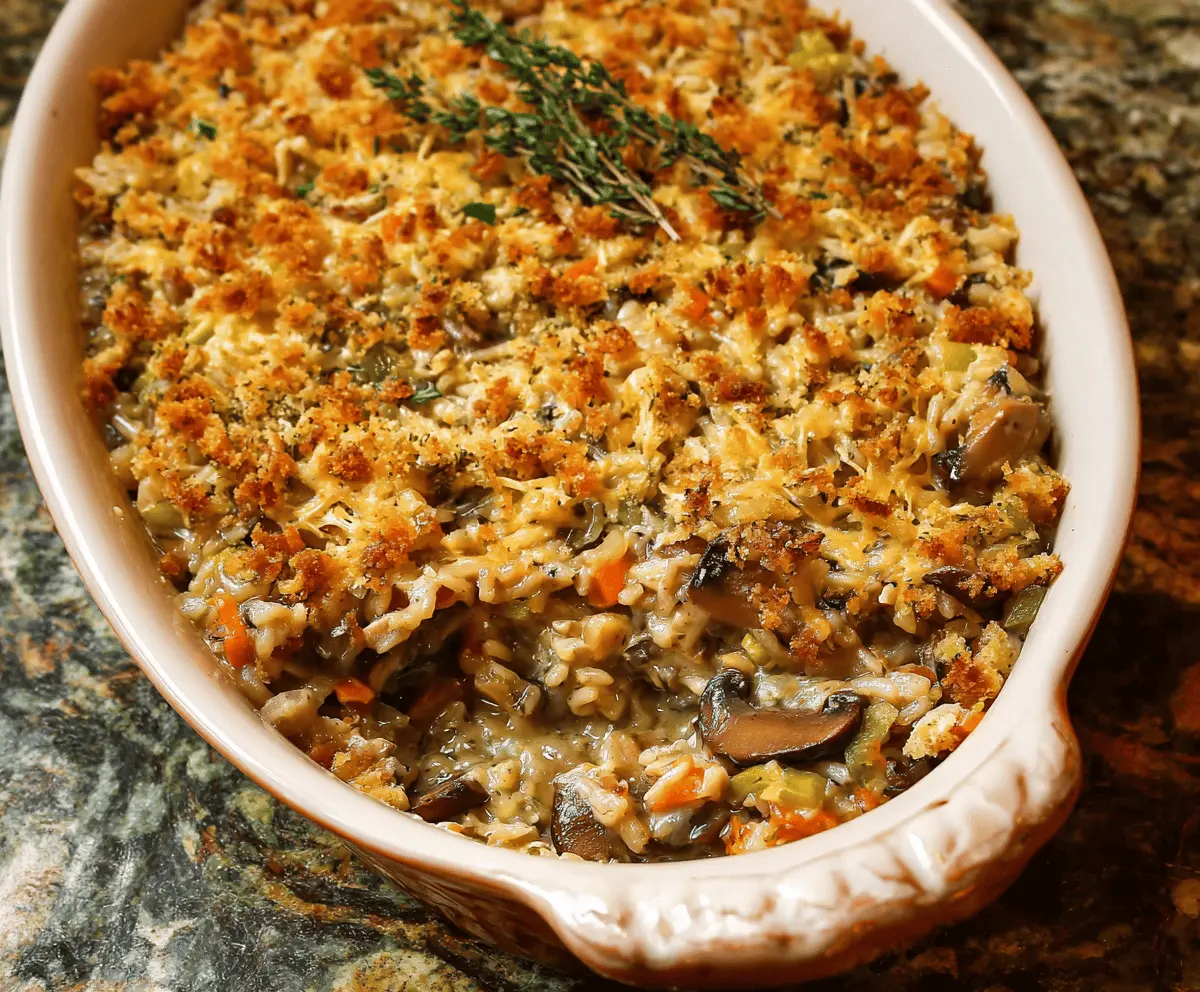 Delicious homemade Wild Rice Casserole with vegetables and herbs served in a baking dish