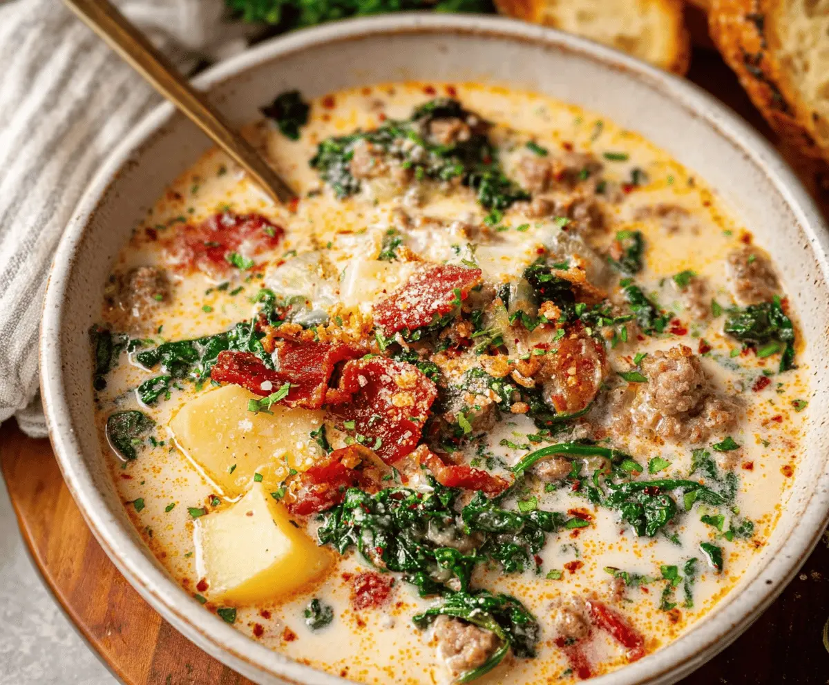 Creamy Zuppa Toscana soup with sausage, kale, potatoes, and crispy bacon served in a bowl