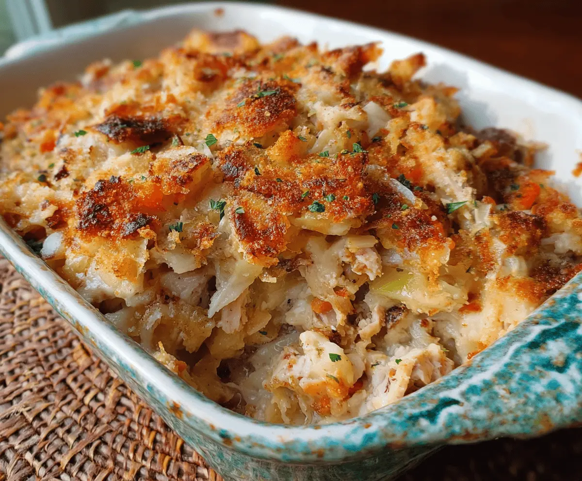 Delicious Amish Turkey Casserole with mashed potatoes and green beans, served in a rustic white dish.