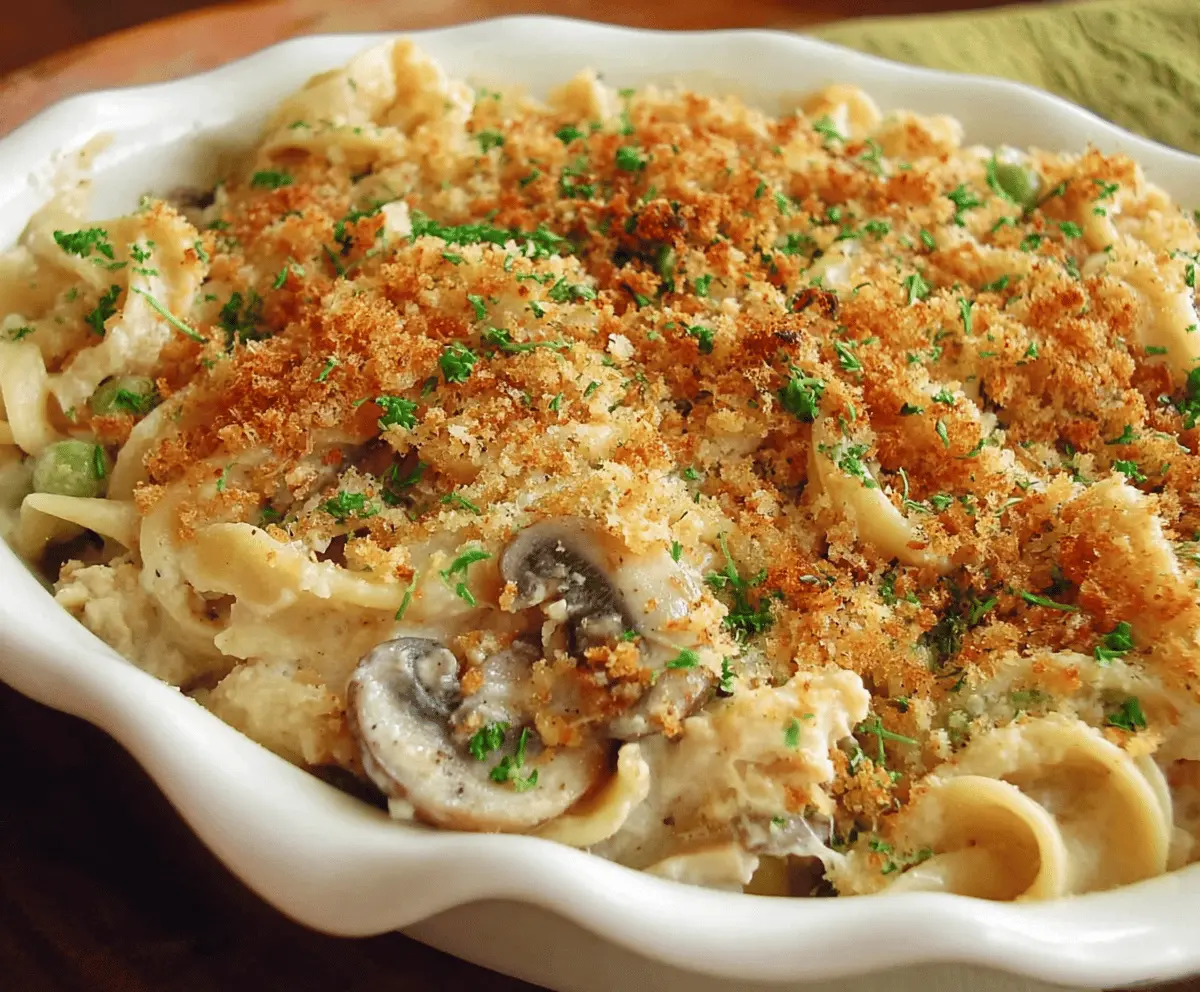 Delicious baked Turkey Tetrazzini in a casserole dish garnished with herbs