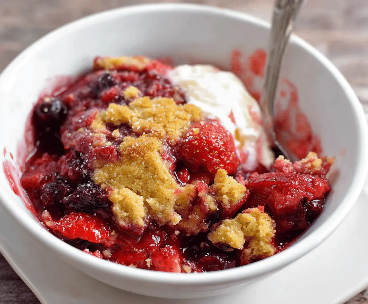 Delicious Berry Cake Mix Cobbler with fresh berries and golden crust, perfect for dessert.