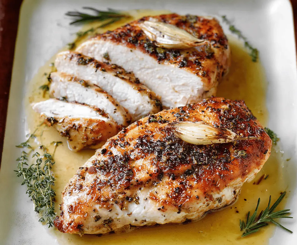 Juicy oven-roasted turkey breast with herbs on a cutting board