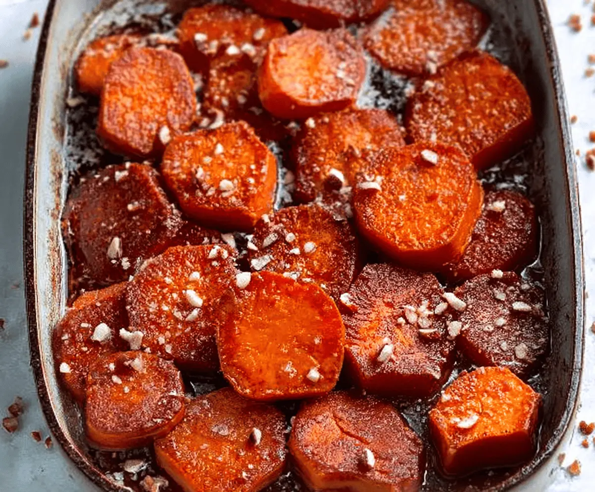 Delicious candied sweet potatoes garnished with pecans on a white plate.