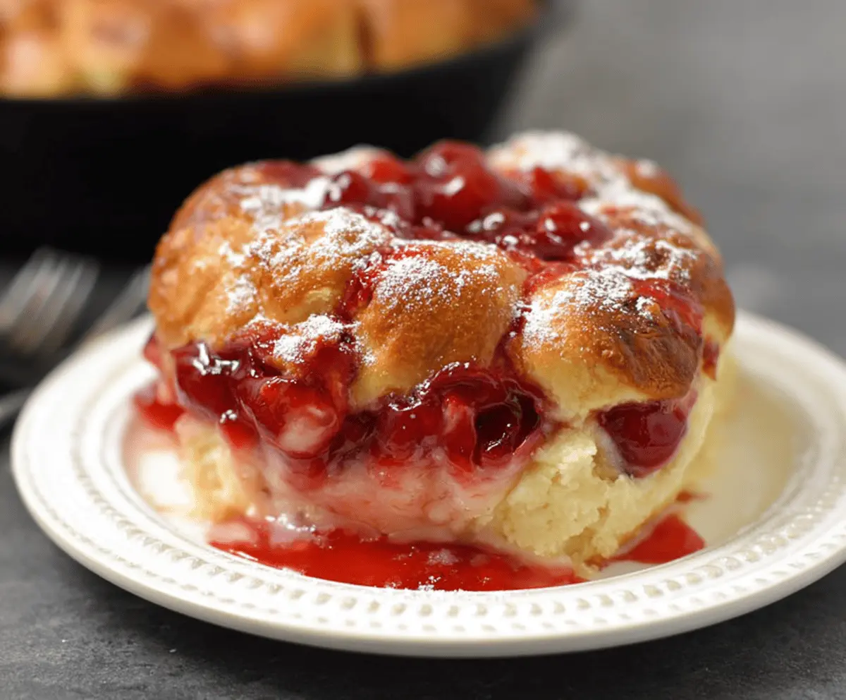 Delicious Cherry Cheesecake Monkey Bread topped with fresh cherries and creamy cheese filling.