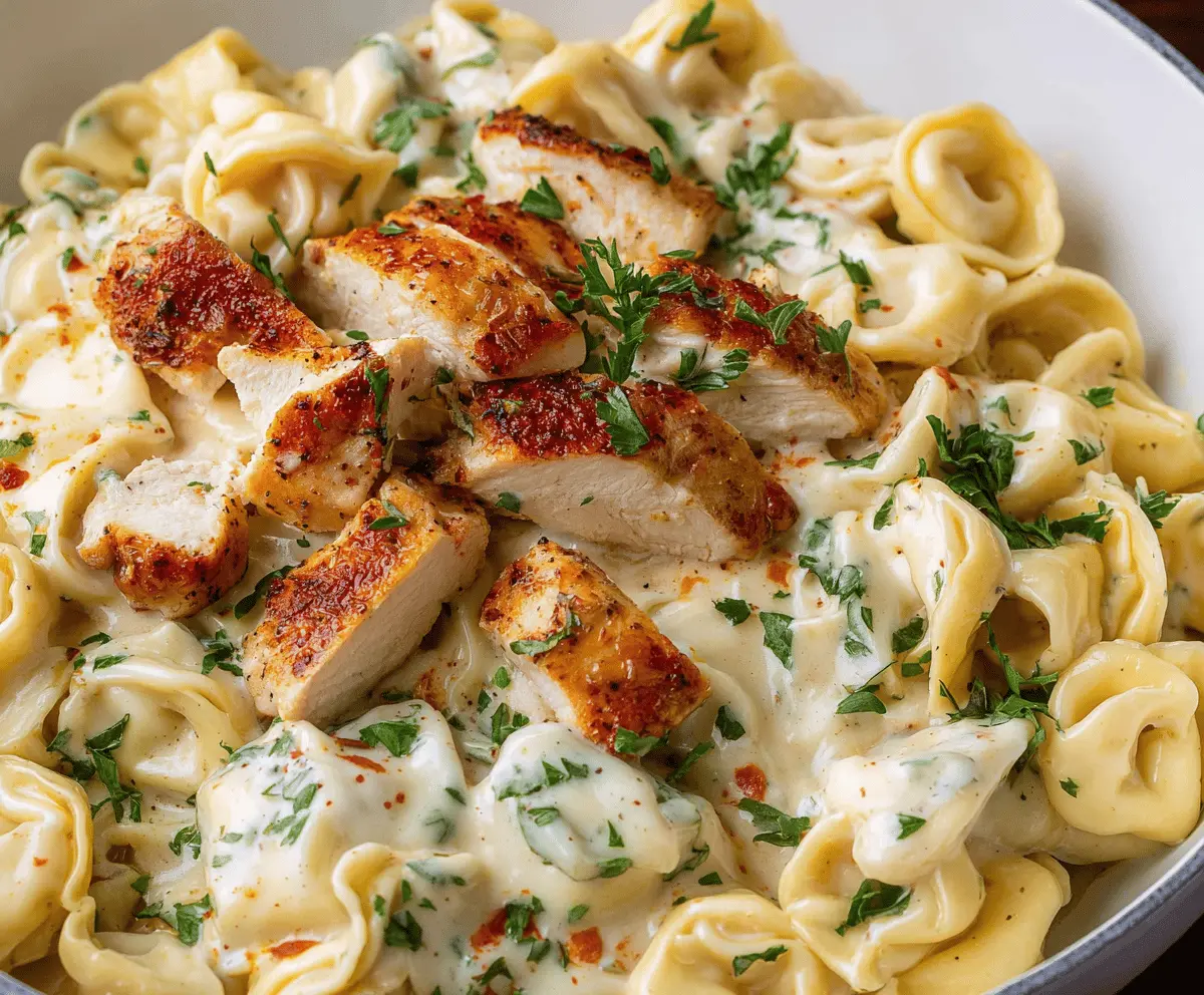 Creamy Chicken Tortellini Alfredo served in a white bowl, garnished with fresh herbs for a delicious Italian meal.