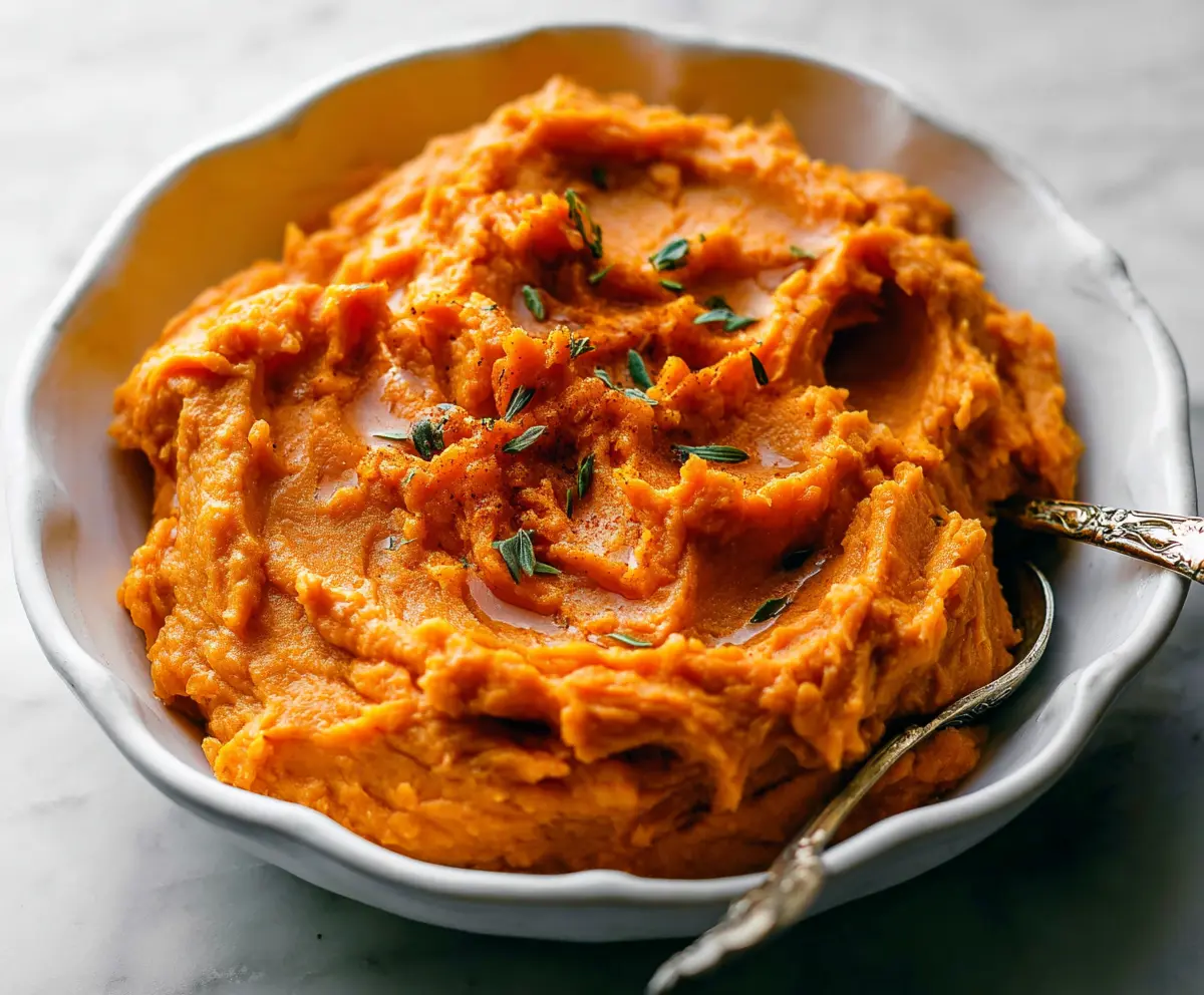 Creamy chipotle mashed sweet potatoes garnished with fresh herbs, perfect for a flavorful vegetarian side dish