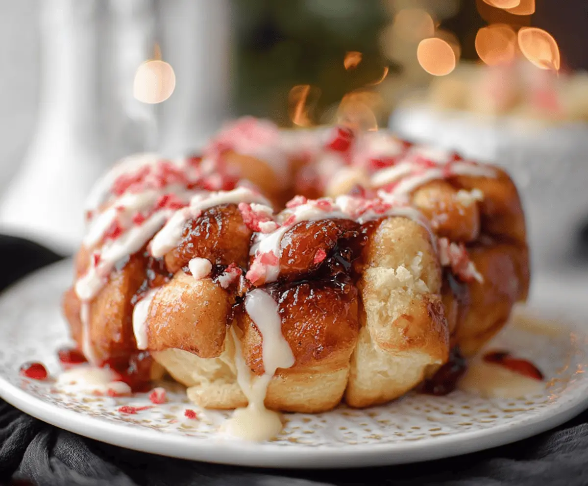 Delicious Christmas Monkey Bread with icing and festive decorations on a plate