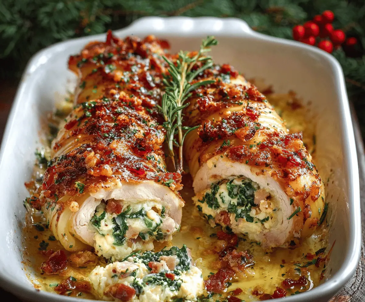 Delicious Christmas stuffed pasta served on a holiday-themed plate, garnished with herbs.