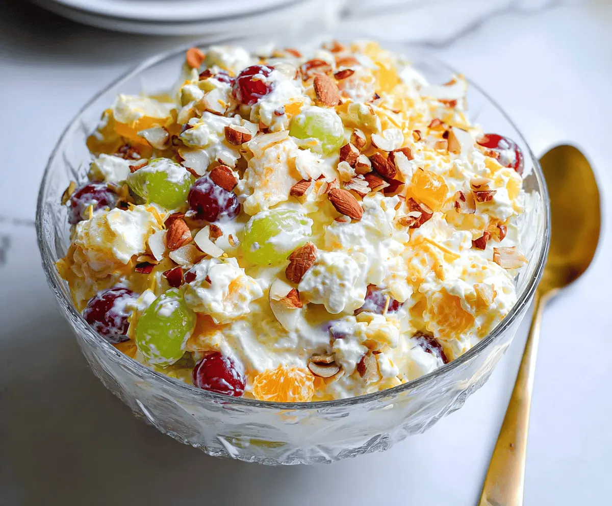 Delicious Classic Ambrosia Salad with fruits and marshmallows in a glass bowl