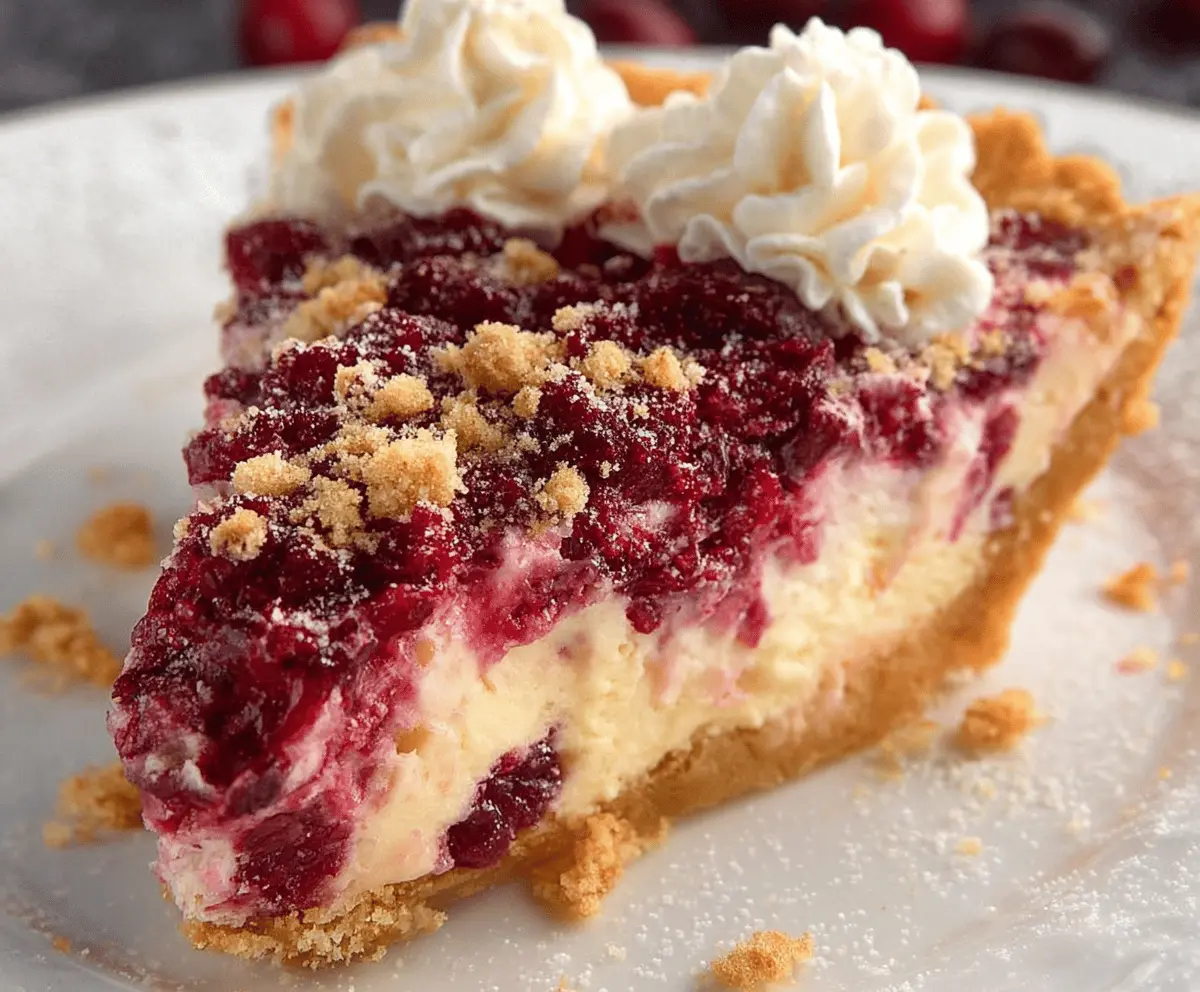 Delicious cranberry cheesecake pie with a golden crust and creamy filling, garnished with fresh cranberries.
