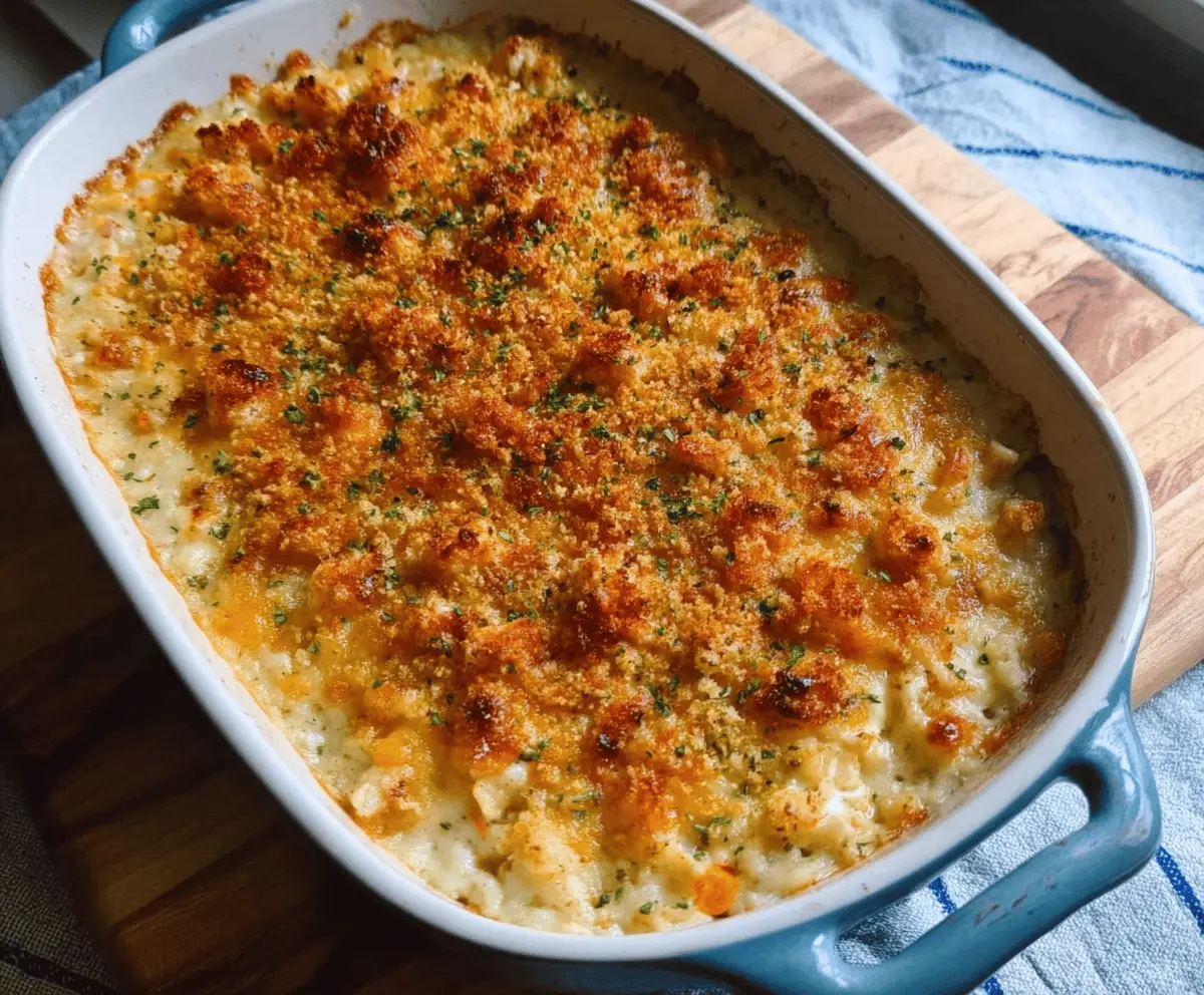 Delicious creamy cauliflower rice casserole topped with melted cheese and fresh herbs.