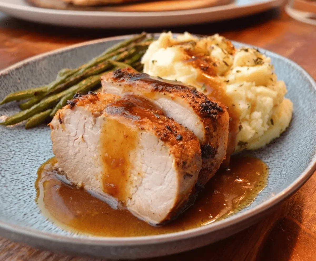 Juicy Crock Pot pork loin with savory gravy served on a plate, perfect for a hearty dinner.