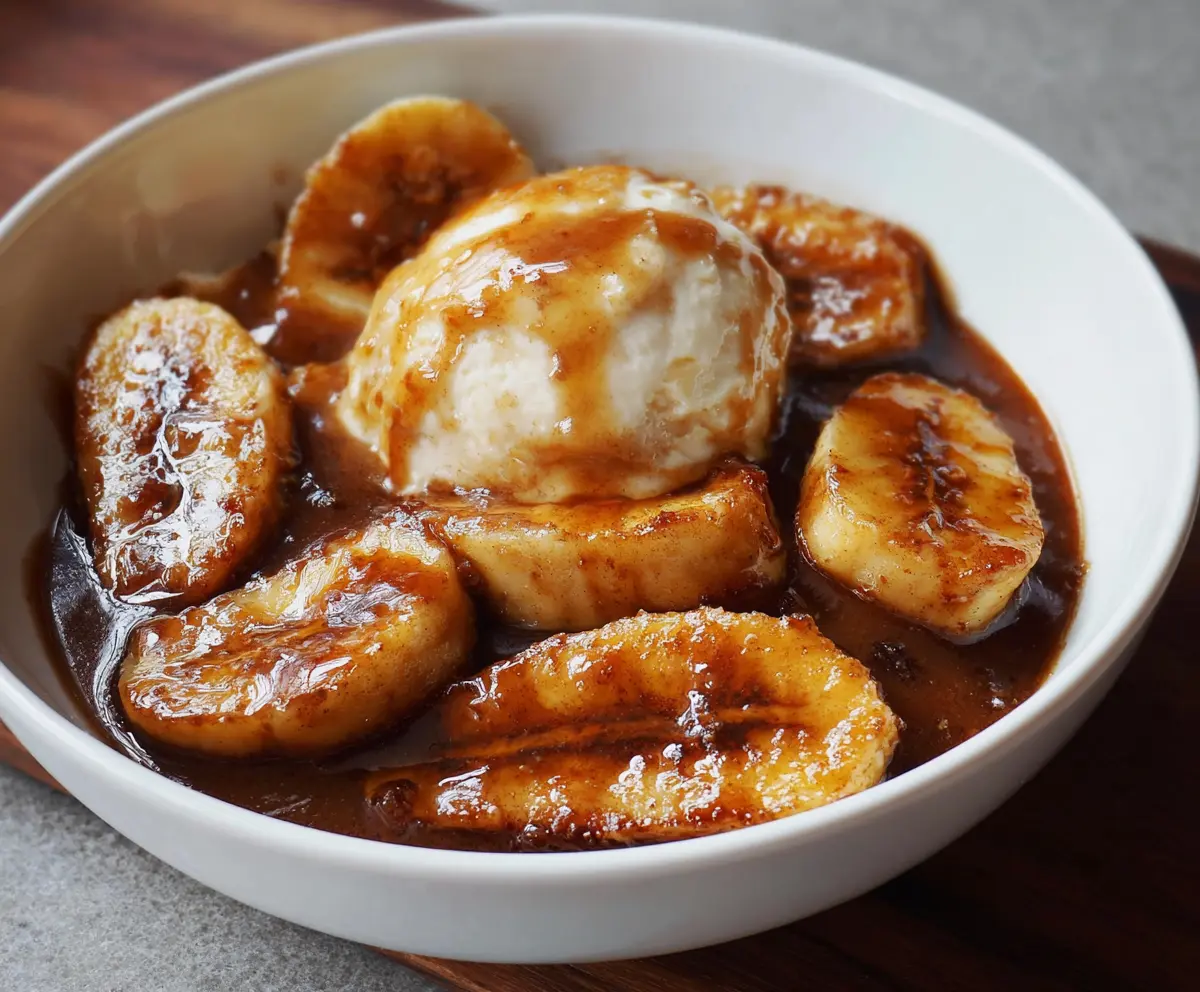 Dairy-free Bananas Foster dessert with caramelized bananas and vegan ice cream on a plate