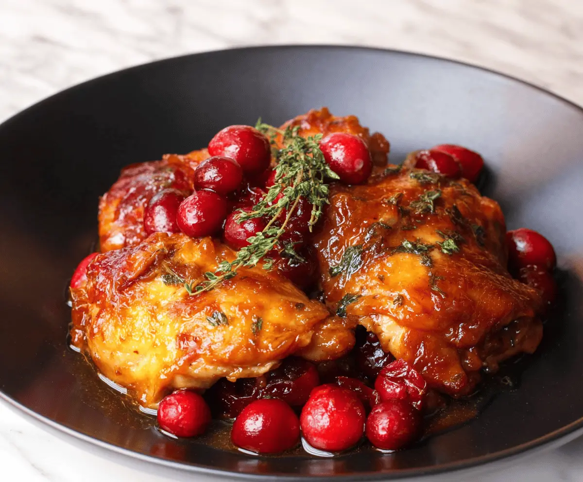 Savory slow cooker cranberry chicken served with fresh herbs and a side of vegetables.