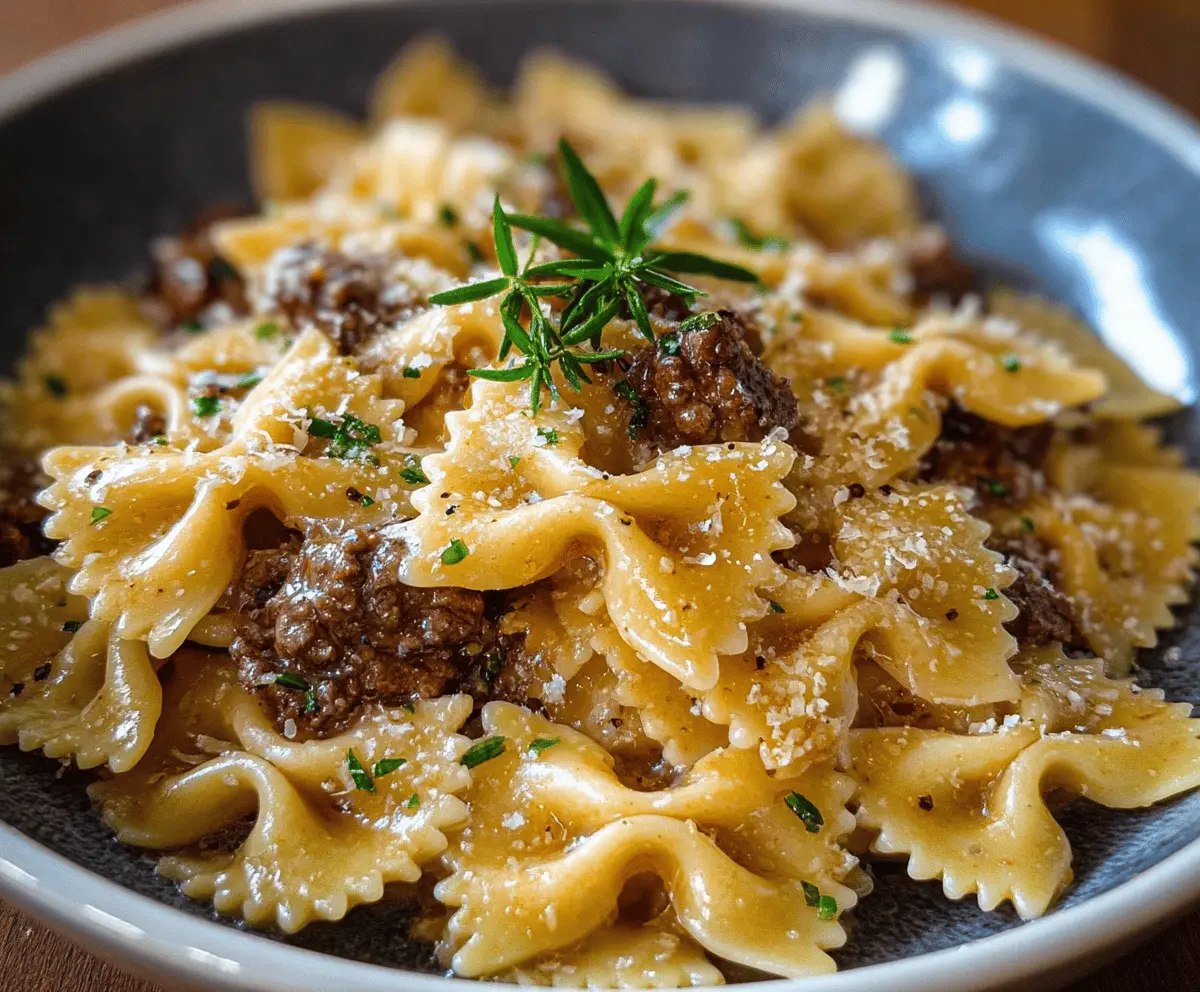 Delicious garlic butter bowtie pasta with tender beef pieces garnished with herbs.