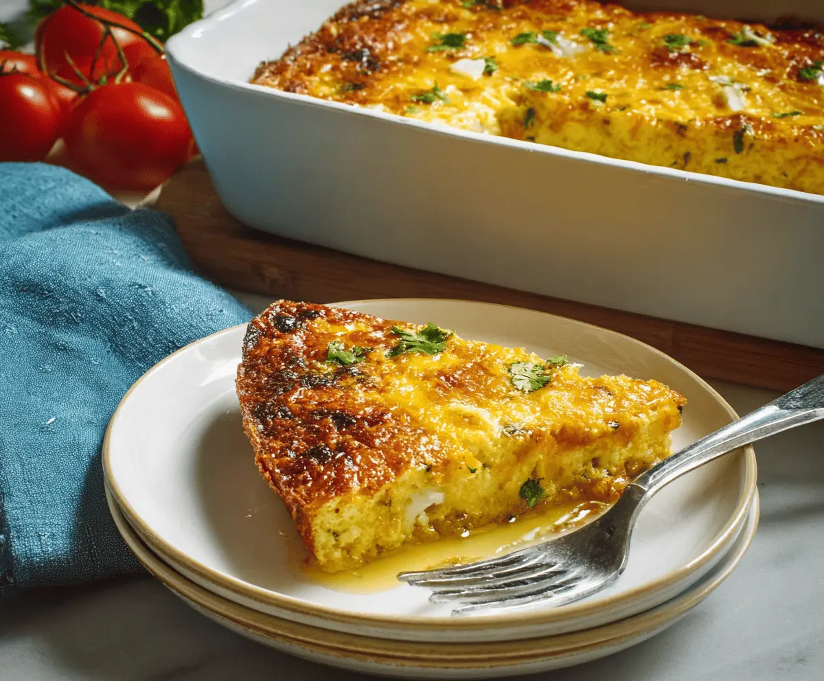 Delicious Green Chile Egg Casserole with melted cheese and fresh green chilies in a baking dish.