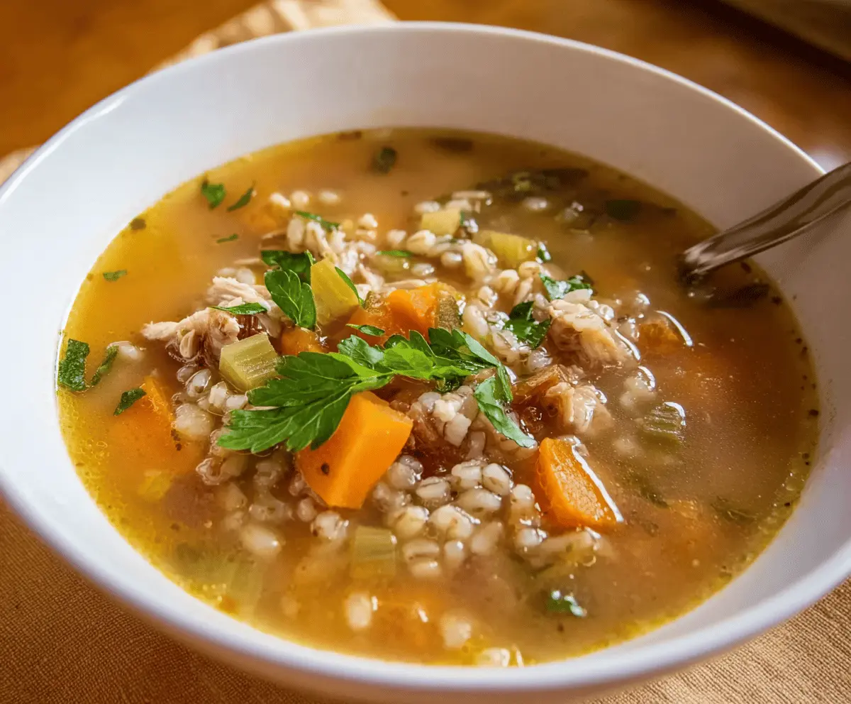 A steaming bowl of Hearty Barley Turkey Soup with fresh herbs and vegetables.