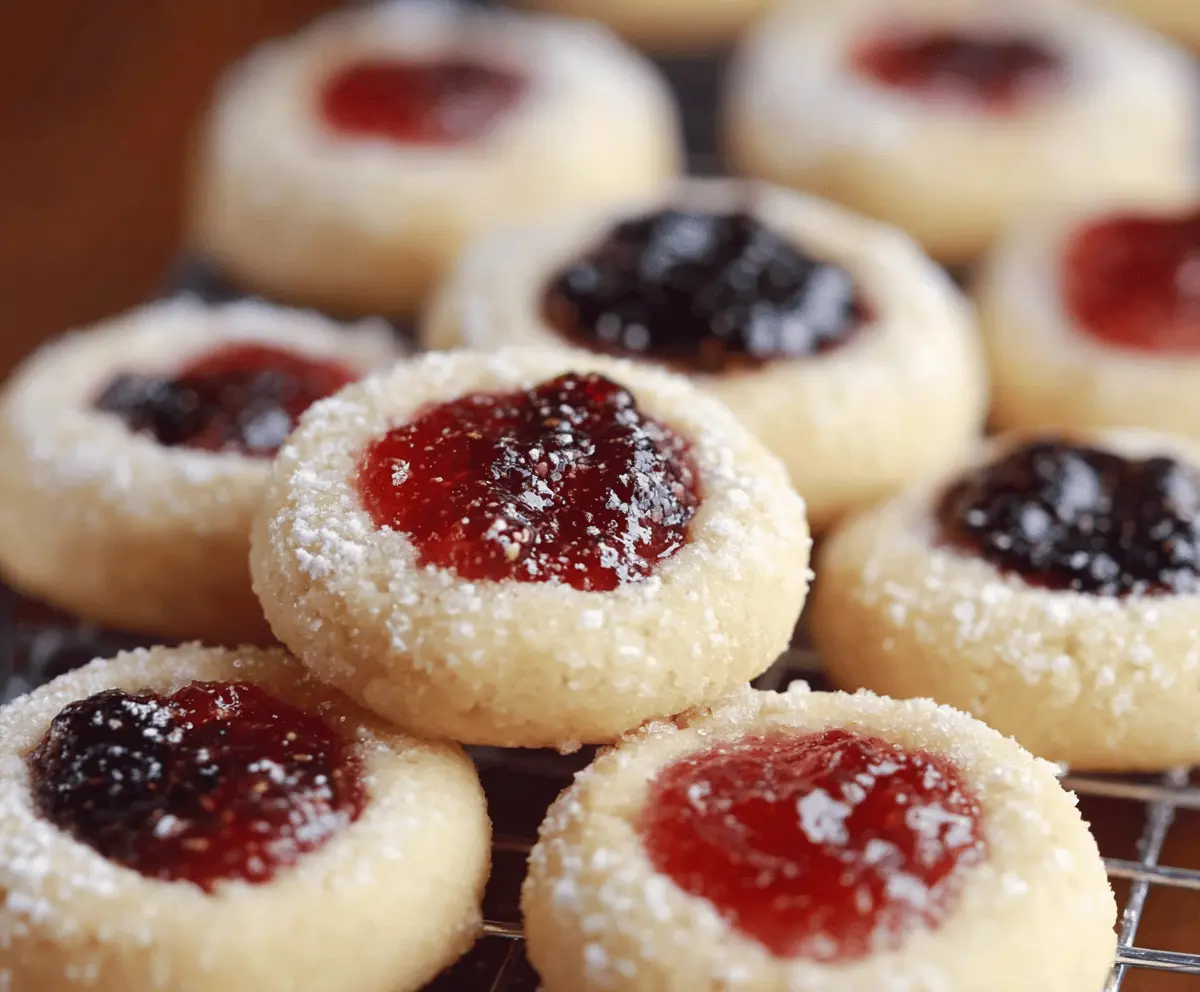 Homemade Jam Thumbprint Cookies on a rustic plate, showcasing their golden crust and vibrant jam filling.