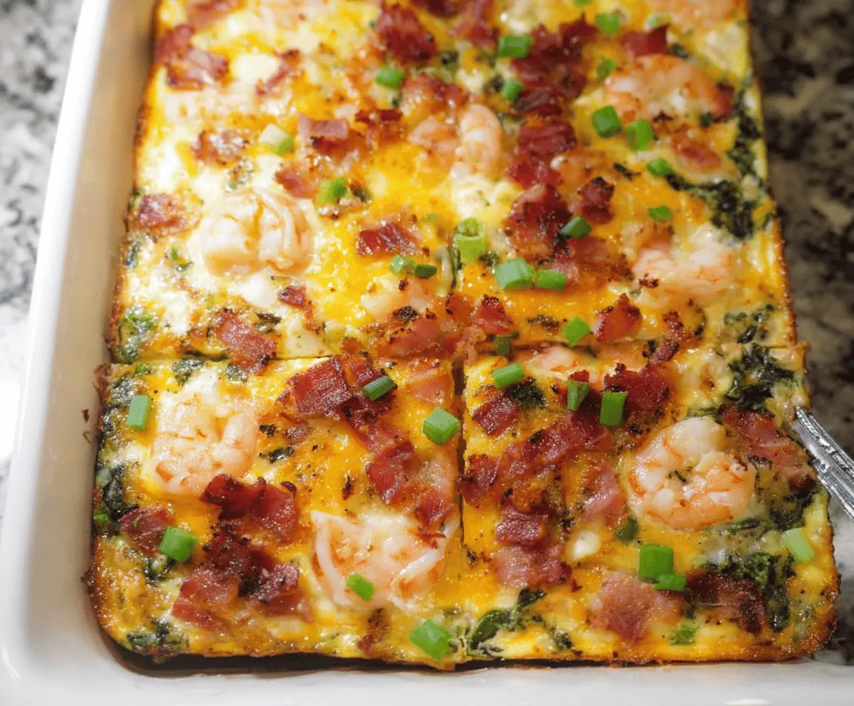 Delicious Low Carb Shrimp Bacon and Spinach Breakfast Casserole ready to serve