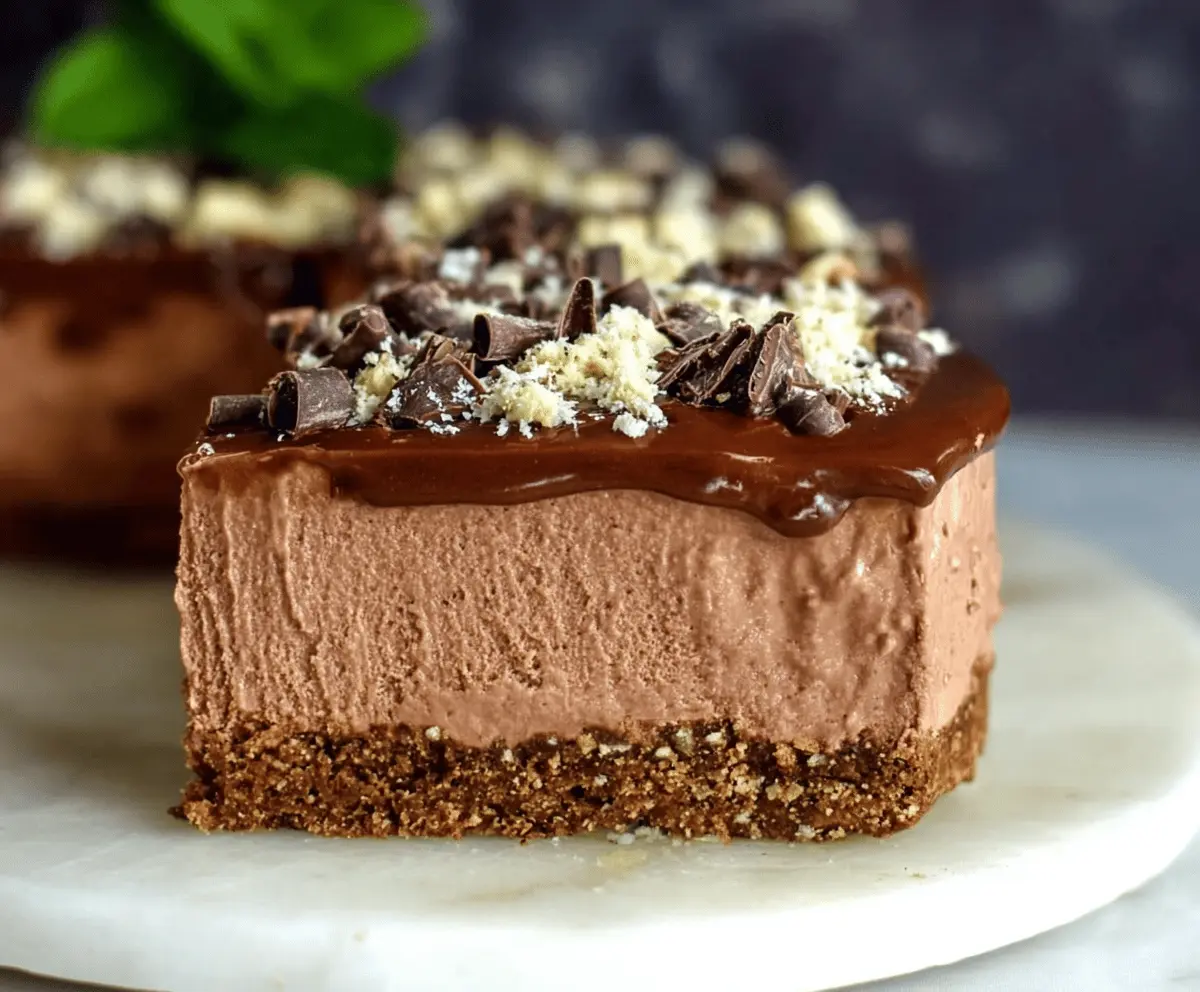 Delicious no-bake triple chocolate mascarpone cheesecake with rich layers of chocolate and creamy mascarpone on a appealing plate