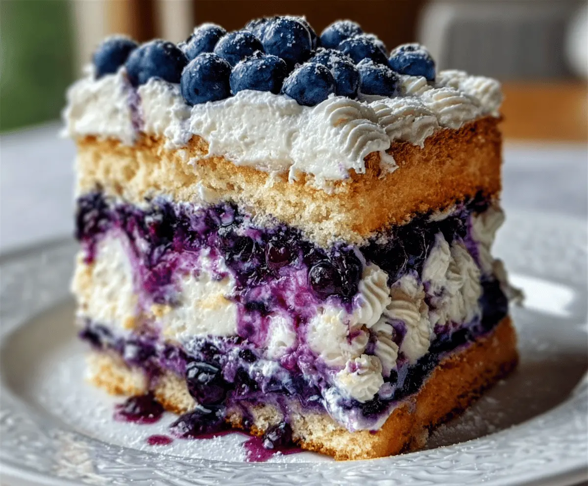 Delicious Nova Scotia Blueberry Cream Cake topped with fresh blueberries and creamy frosting.
