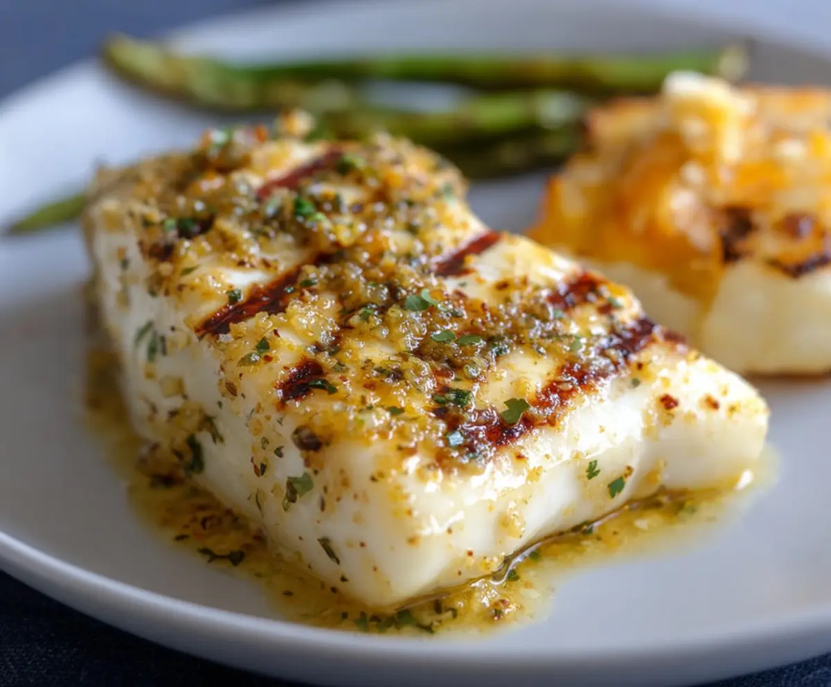 Delicious grilled halibut with orange and Dijon mustard glaze on a plate