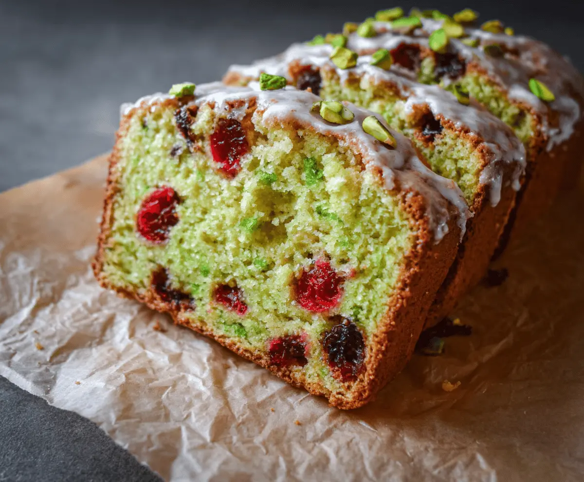 Delicious pistachio cherry bread with vibrant red cherries and green pistachios on a rustic wooden table.