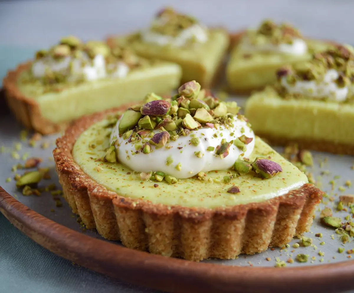 Delicious Pistachio Pudding Tart garnished with chopped pistachios on a decorative plate.