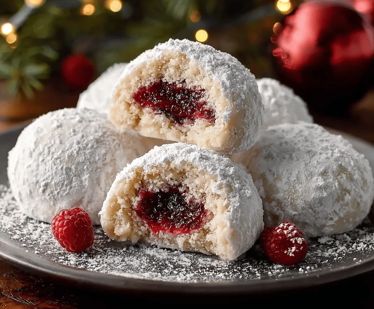 Delicious raspberry-filled almond snowball cookies dusted with powdered sugar, perfect for holiday treats.
