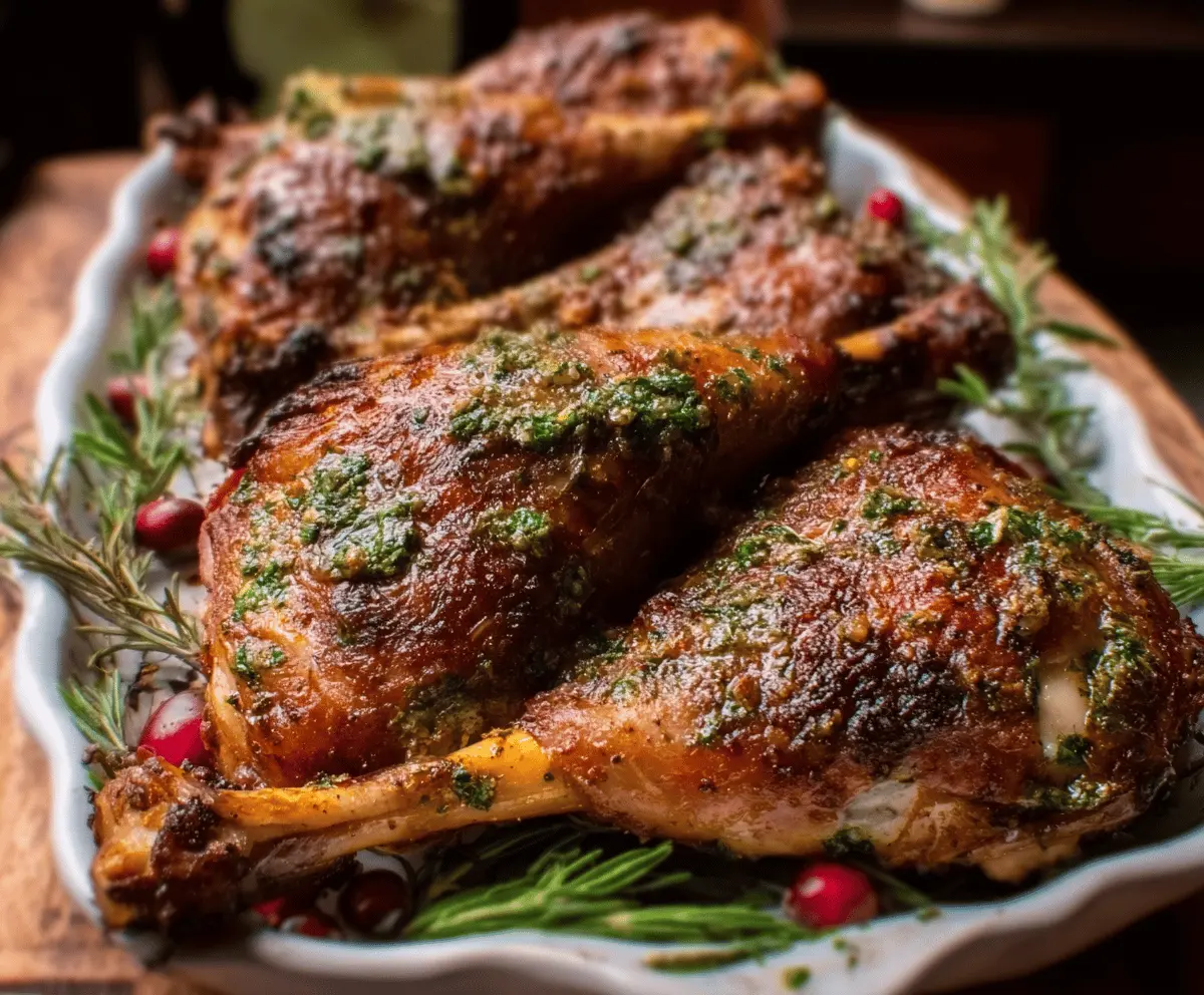 Juicy roasted turkey legs served on a platter, perfect for a hearty holiday meal