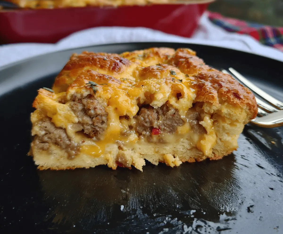 Delicious sausage breakfast casserole with golden crescent roll dough and melted cheese