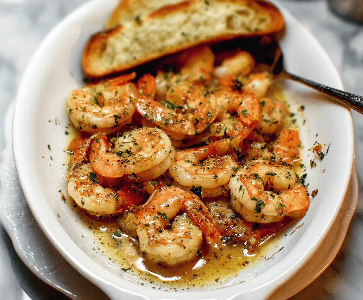 Delicious shrimp scampi served with garlic and lemon on a white plate.