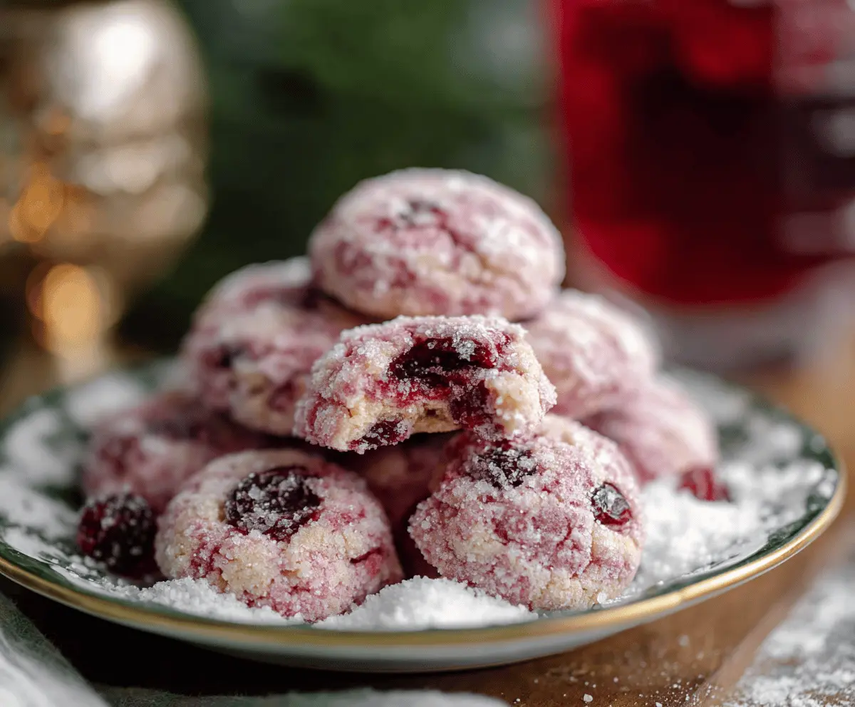 Delicious sparkling sugarplum cranberry cookies on a festive platter