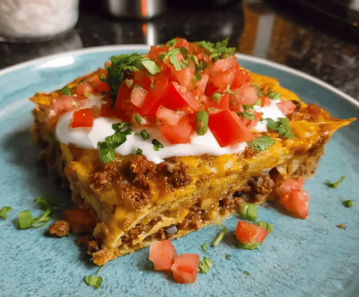 Delicious Taco Tortilla Casserole with layers of seasoned meat, cheese, and fresh vegetables.