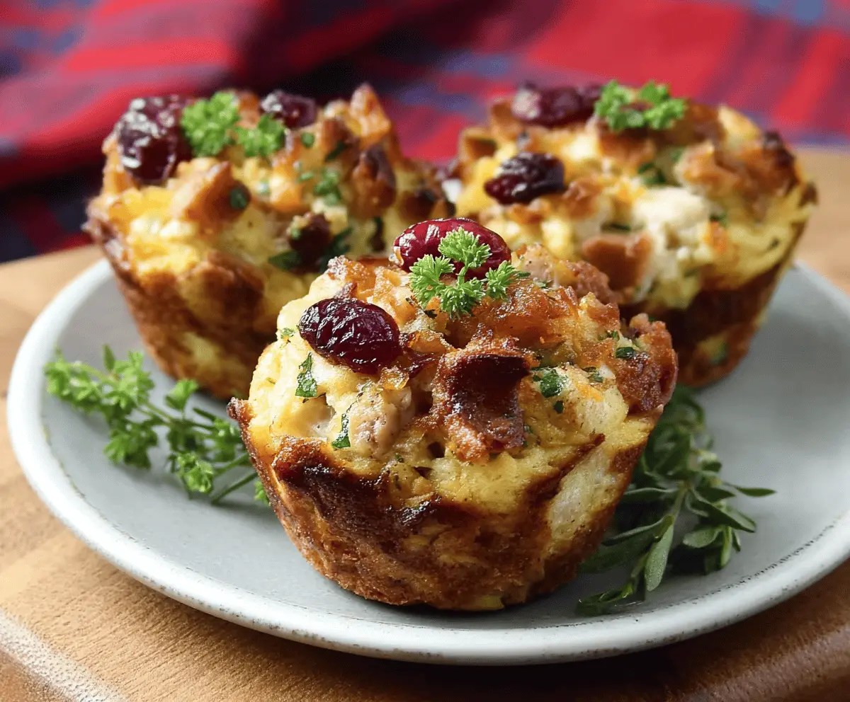 Delicious Thanksgiving leftover stuffing muffins topped with herbs, perfect for holiday leftovers.