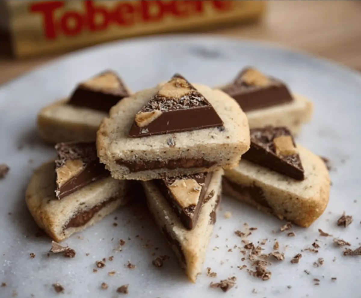 Delicious Toblerone shortbread cookies with chunks of chocolate and buttery texture.