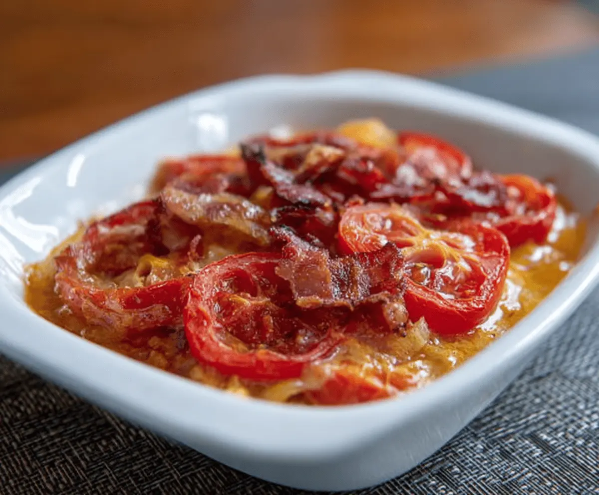 Delicious Tomato Bacon Casserole with melted cheese and crispy bacon topping