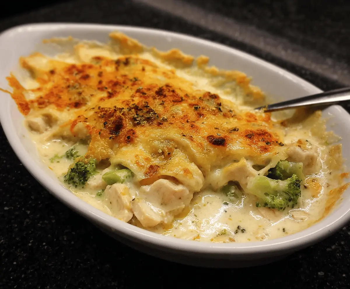 Delicious Turkey Divan casserole with layers of turkey, vegetables, and creamy sauce served in a baking dish.