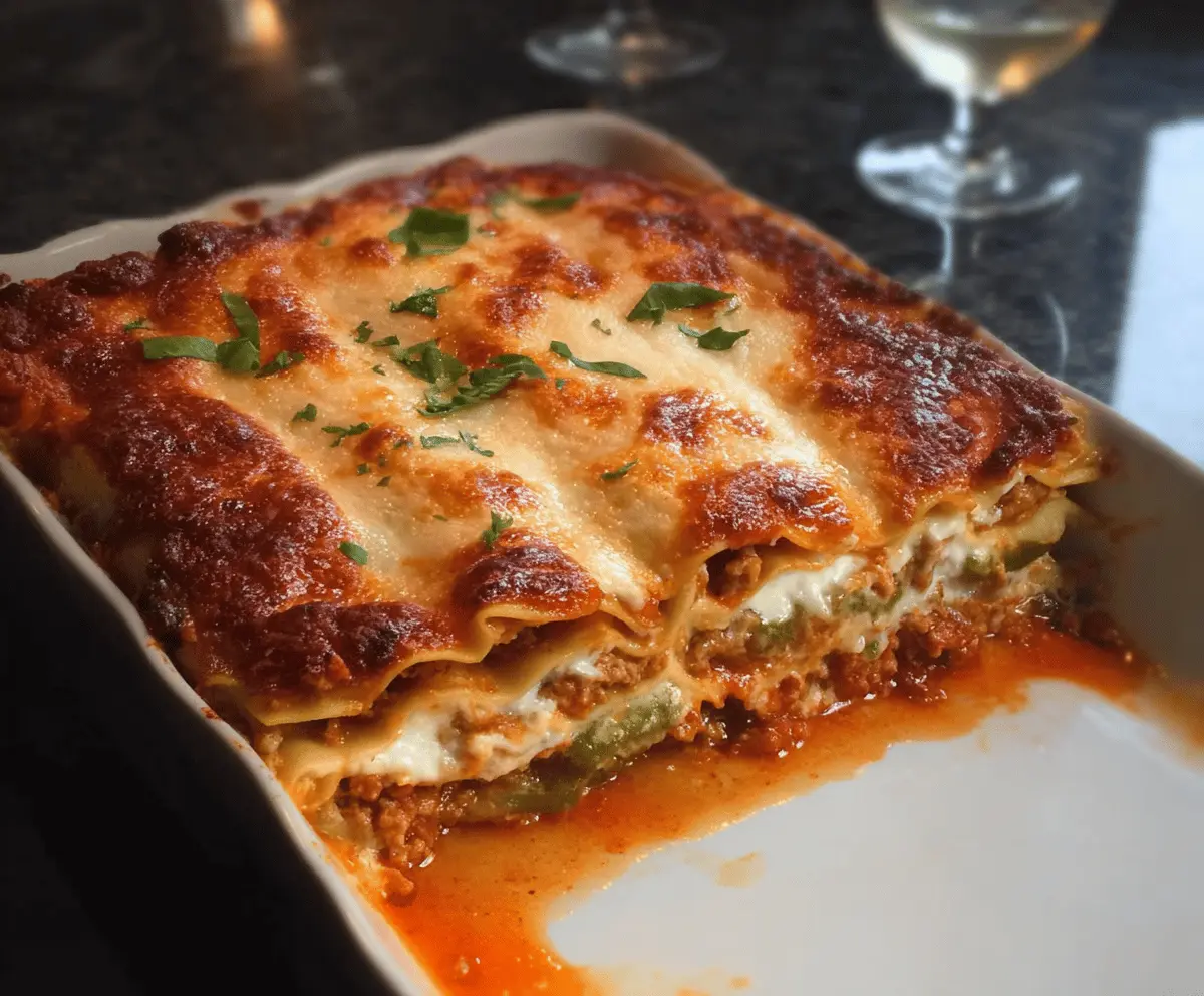 Delicious homemade turkey lasagna topped with melted cheese and fresh herbs