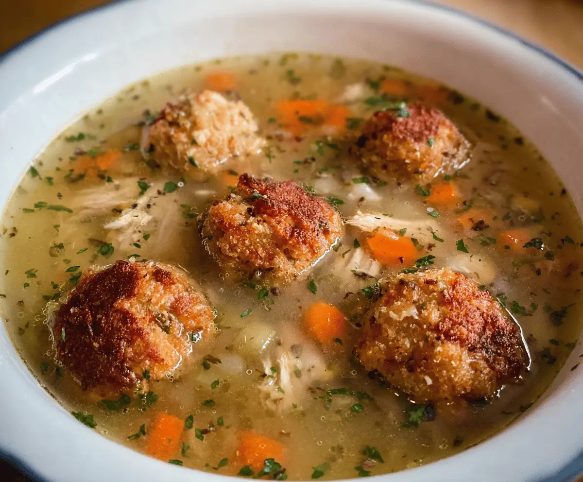 Delicious turkey soup garnished with deep-fried stuffing balls on a rustic wooden table.