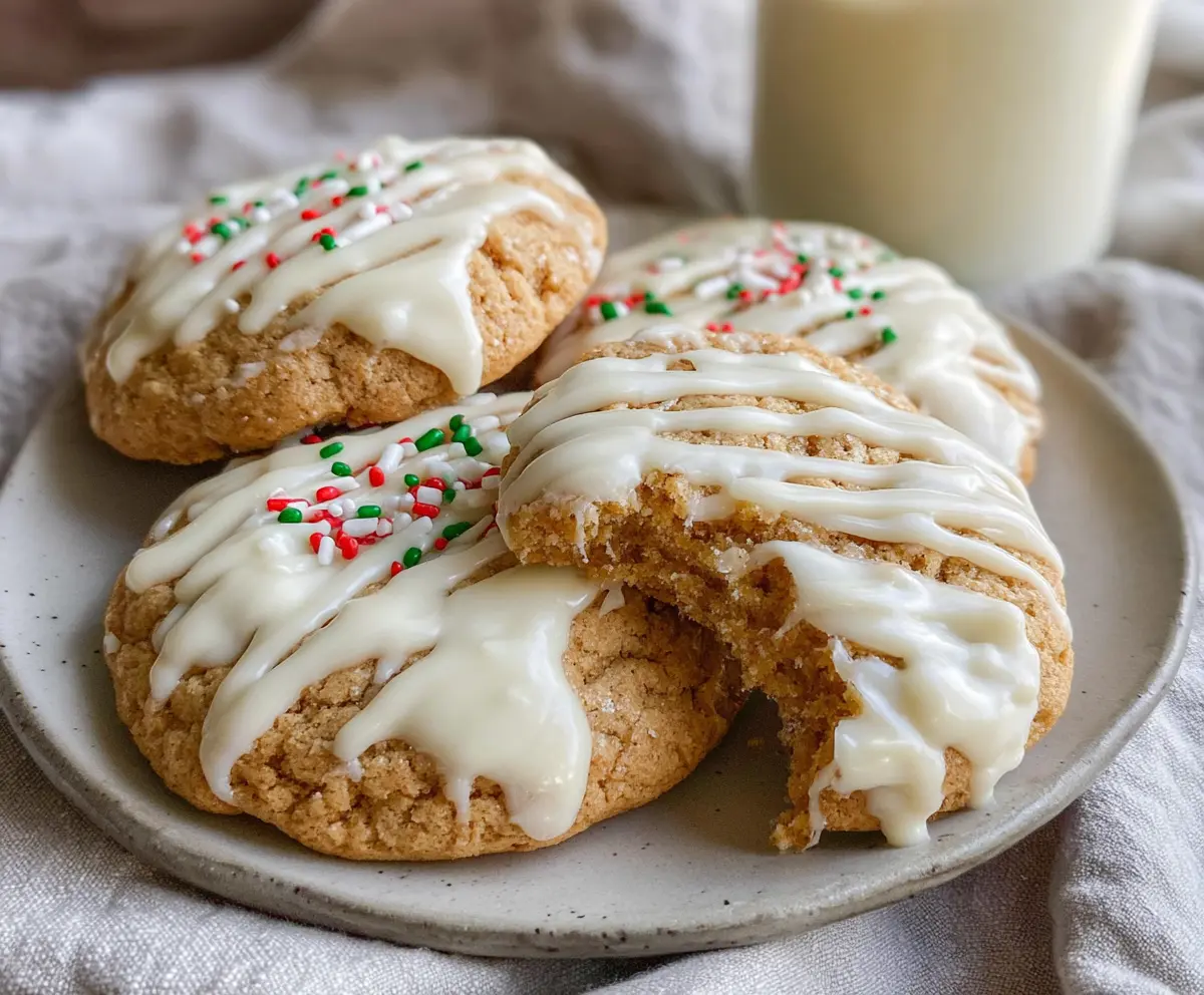 Delicious white chocolate covered eggnog cookies with festive holiday decorations.