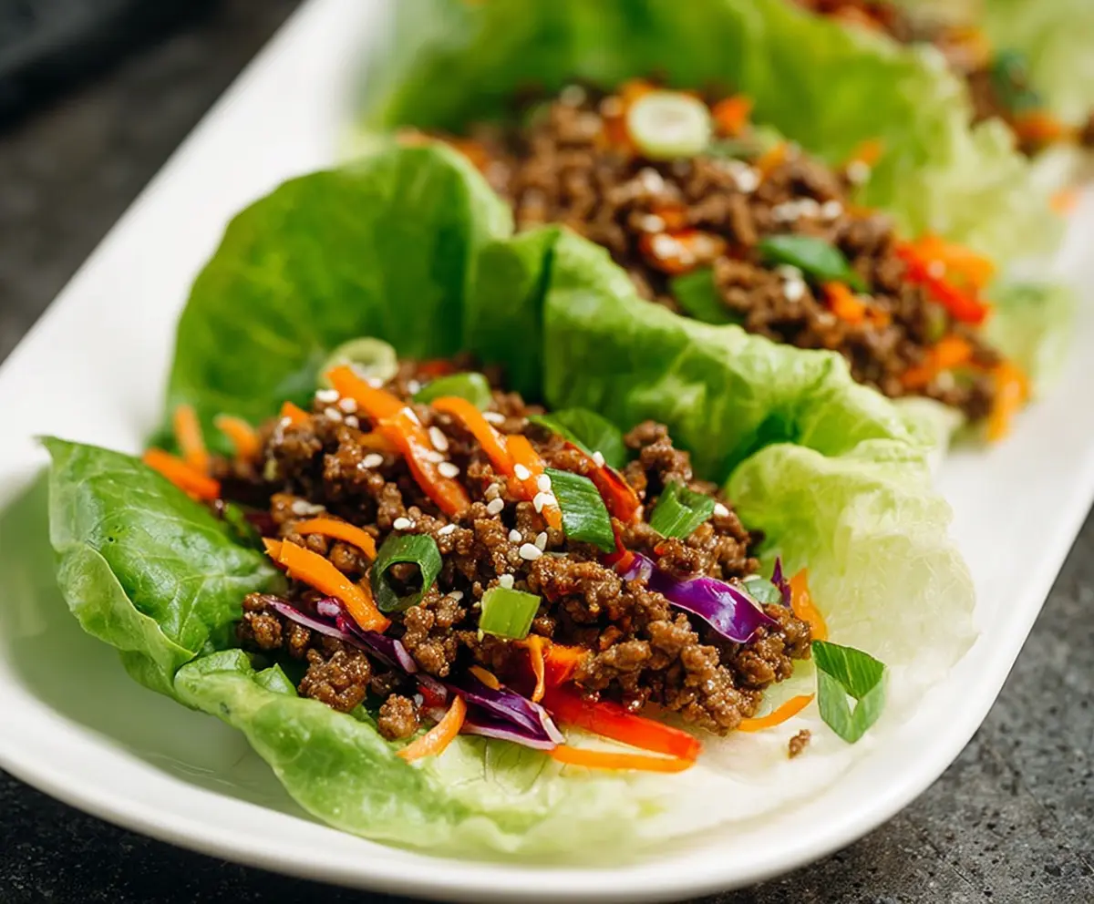 Delicious Asian-style ground beef lettuce wraps garnished with fresh herbs and crunchy vegetables.