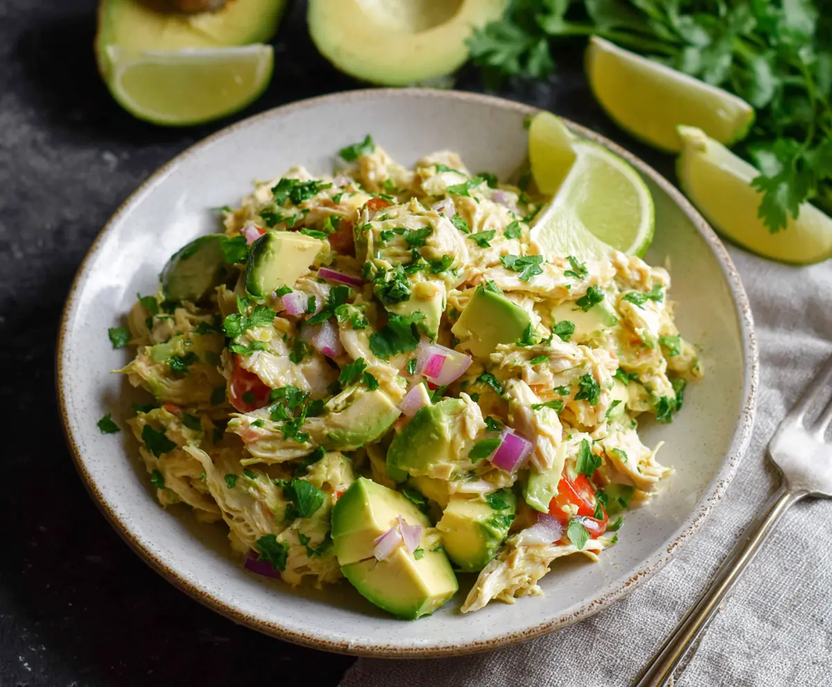 Healthy avocado chicken salad with fresh greens and colorful vegetables, high protein, no mayonnaise recipe.