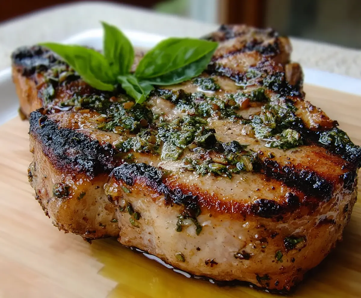 Juicy basil-garlic grilled pork chops served on a plate with fresh herbs