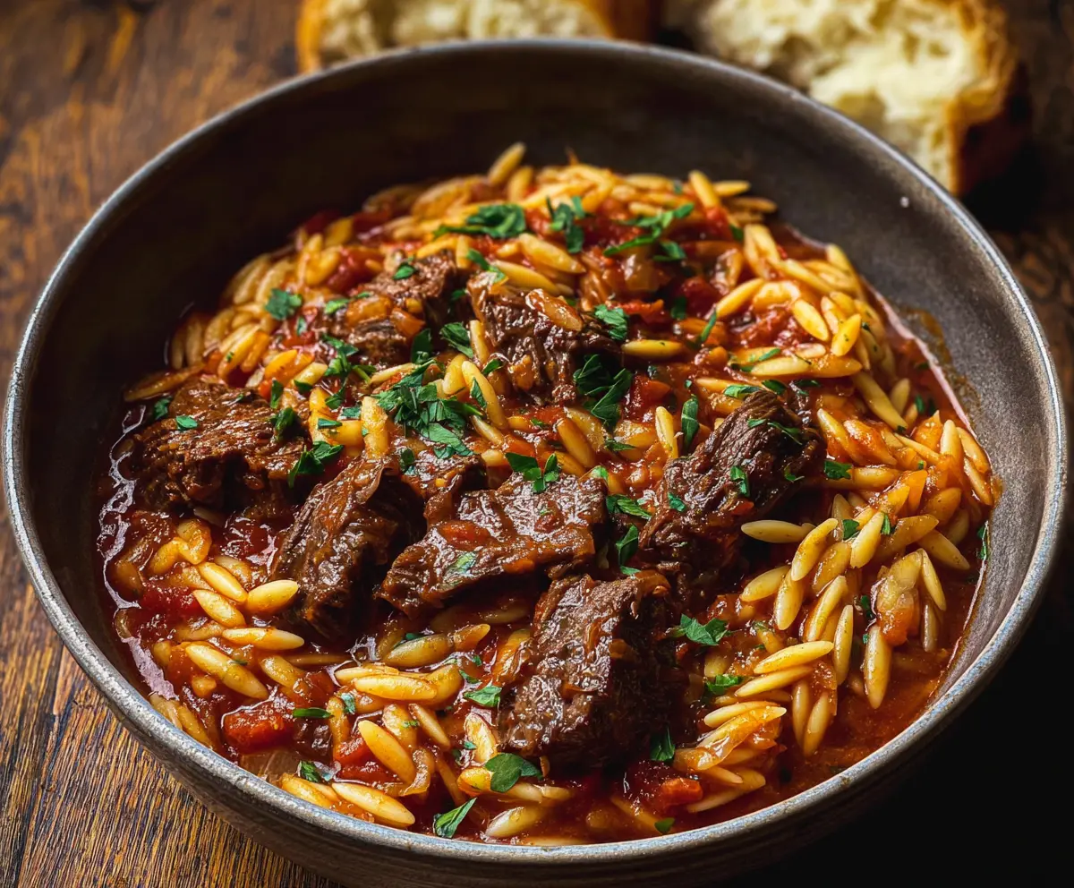 Delicious Beef Giouvetsi with Orzo served in a rustic bowl, showcasing tender beef and perfectly cooked orzo pasta.