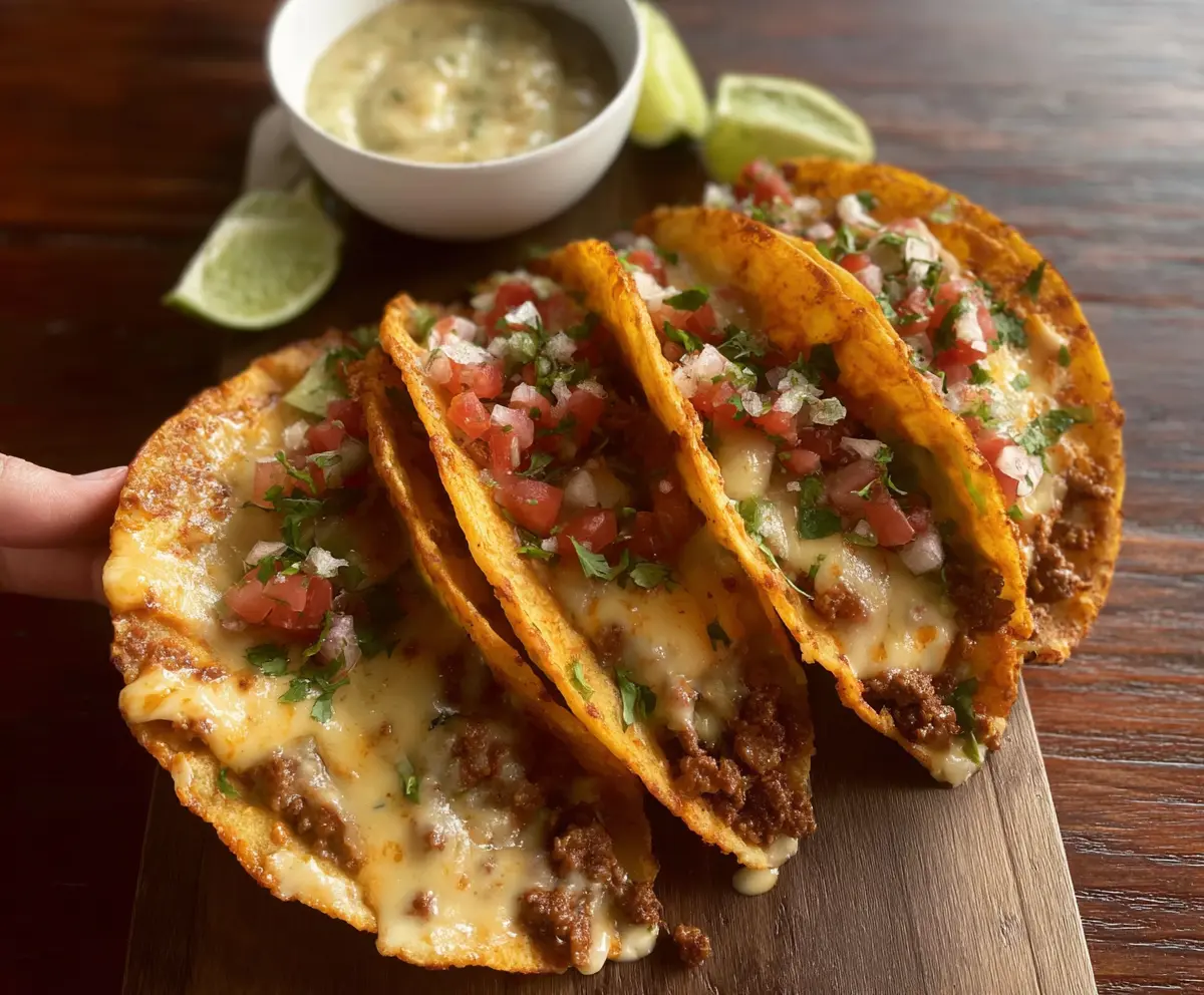 Delicious cheesy Rotel tacos topped with melted cheese and fresh ingredients.
