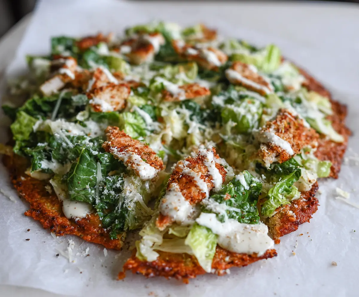Delicious Chicken Crust Caesar Salad Pizza topped with fresh romaine and parmesan cheese.