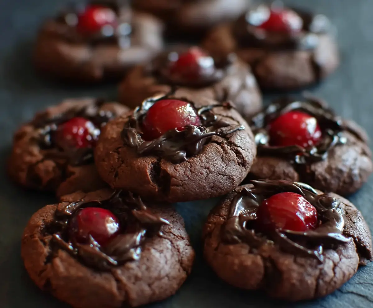 Delicious chocolate cherry cookies with rich chocolate and fresh cherries on a rustic plate.