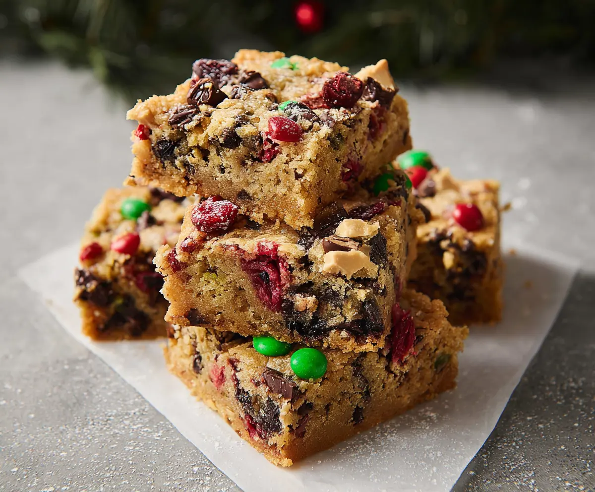 Delicious Christmas Blondies with festive decorations and icing on a holiday table
